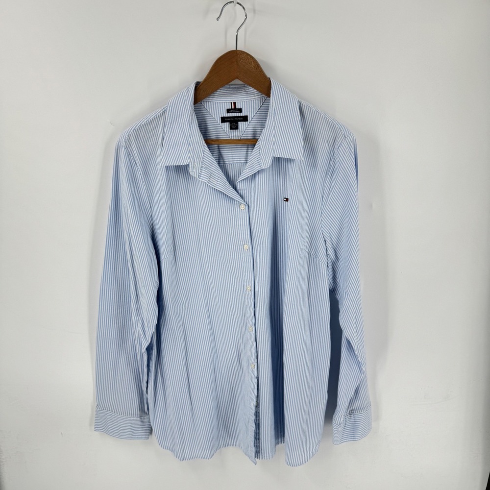 Tommy Hilfiger Blue‎ White Striped Button Down Shirt Plus Size XXL Preppy Logo